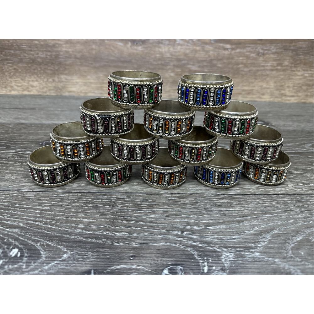 Vintage Silver Plated Napkin Rings with Handcrafted Stone Work ~Set of 14